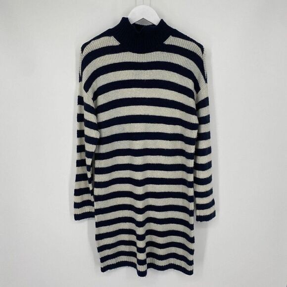 American Eagle Sweater Dress Blue Ivory Striped Mock Neck Drop Shoulder Size M - Picture 1 of 8